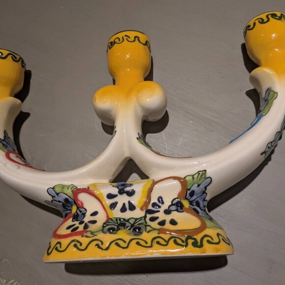 Mexican Folk Art Multi Color Talavera Pottery 3 Arm Candelabra Gold Cobalt Blue - Picture 3 of 5